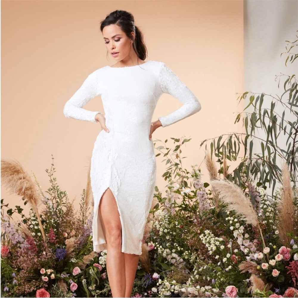 Dress the Population Elegant White Long Sleeve Dress with Sequins